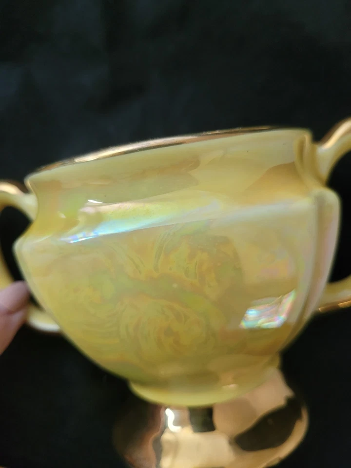 Vtg Art Deco CG Warranted 22K Gold Set Creamer Sugar S & P Yellow Lusterware  - Image 3 of 4
