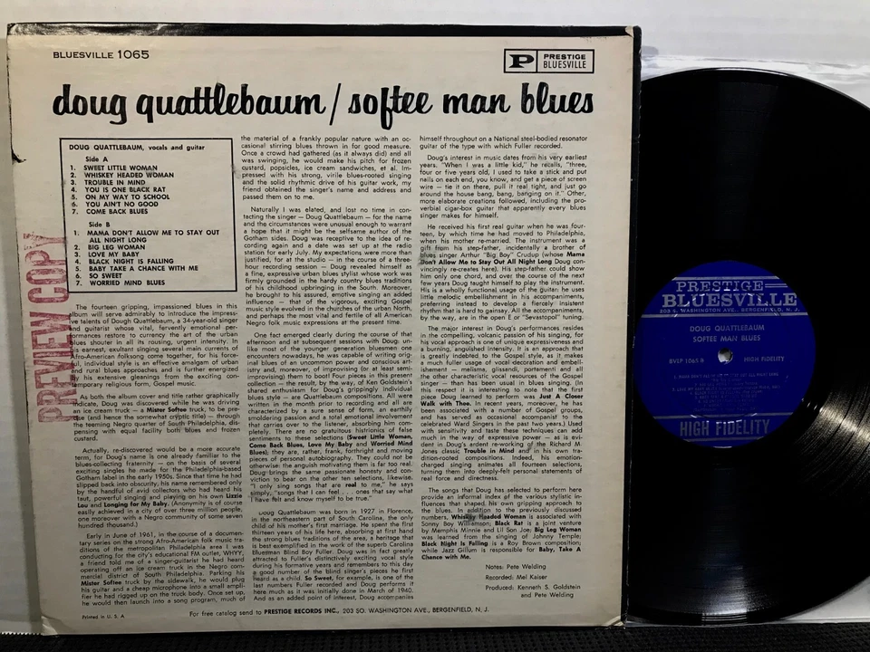 DOUG QUATTLEBAUM Softee Man Blues LP PRESTIGE BLUESVILLE BV 1065 MONO PROMO 1962 - Image 2 of 2