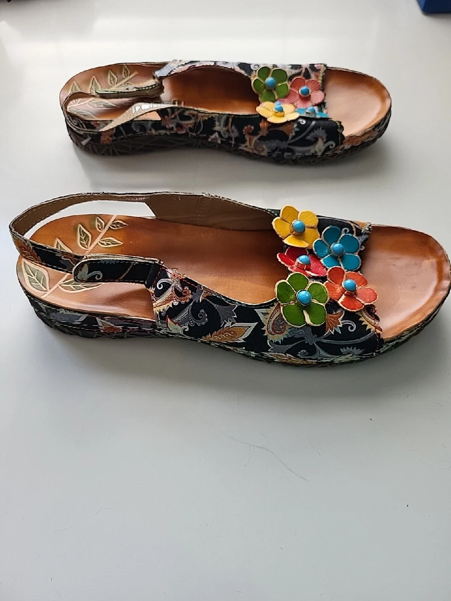 SOCOFY Slipon Heels 9.5 M Floral Black Leather Slide Strap Sandal Artsy EU 41