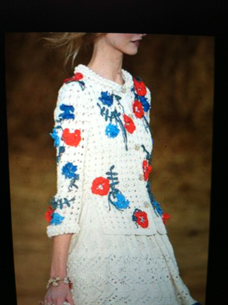 ✴CHANEL✴ ヴィンテージ トップス キャミソール Chanel 10P VINTAGE CROCHET ECRU JACKET BLUE RED CAMELLIA