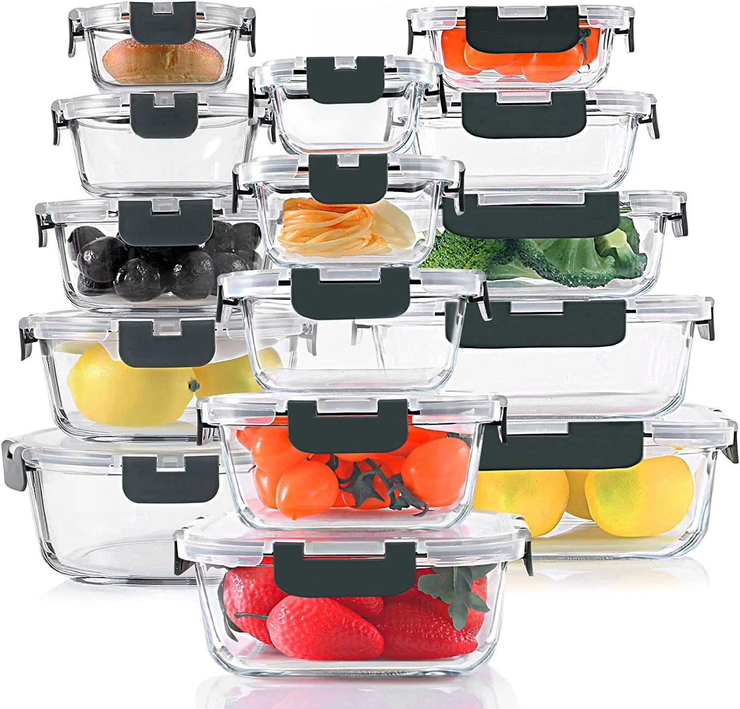 30Pcs Glass Meal Prep Food Storage Container Set Snap Locking Lids Airtight Gray