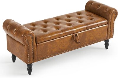 Furniliving Storage Ottoman Bench - Leather Ottoman with Solid Wood Legs