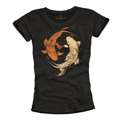 Damen T-Shirt Yin Yang Design Yoga Top Koi Fische Kurzarm Sommer Oberteile Print