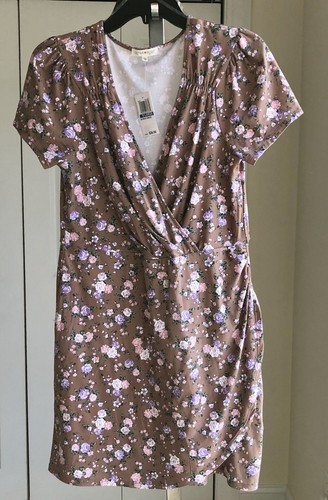 ULTRA FLIRT SIZE XL BEIGE FLORAL SMALL WRAP DRESS MINI V- NECK SHORT SLEEVES