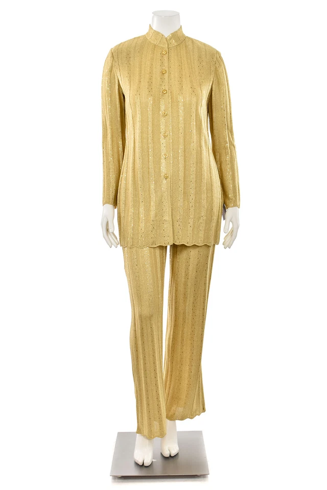 St John Couture 2Pc Gold Metallic Paillette Evening Tunic Jacket Pantsuit sz 8/6 - Image 2 of 4
