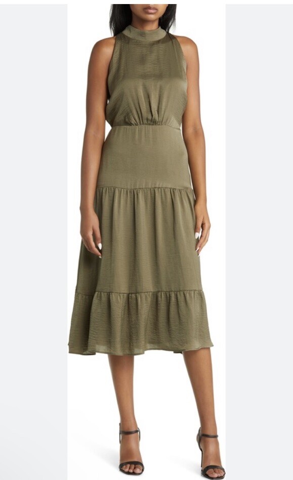 Sam Edelman High Neck Tiered Halter MIDI Dress Olive Green Tie Back Size 0  | eBay