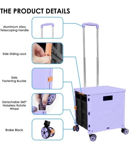 Selorss Purple Foldable Utility Cart Portable Rolling Crate Handcart, - Picture 10 of 16