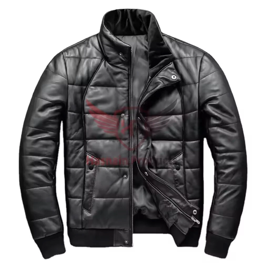Winter Casual Motorcycle Bomber Leather Jacket Streetwear Puffer Style