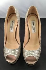 Auth. JIMMY CHOO Gold Glitter Crown Peep Toe Platform Pumps Size 37.5 Pre-Loved