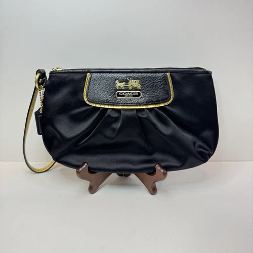 Coach Braccialetto Nero Oro Raso Pochette Viola Fodera Raso Logo Cinturino Pelle