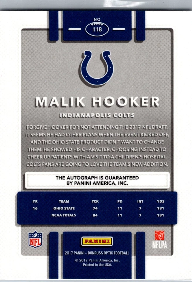 2017 Panini Optic Malik Hooker Rookie Auto - Image 2 of 2