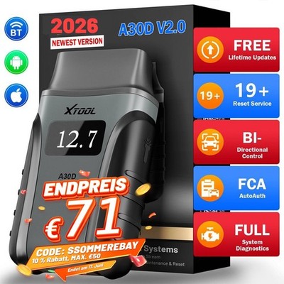 XTOOL A30D V2.0 OBD2 Diagnosegerät Bidirektionaler vollständiger Systemscan FCA