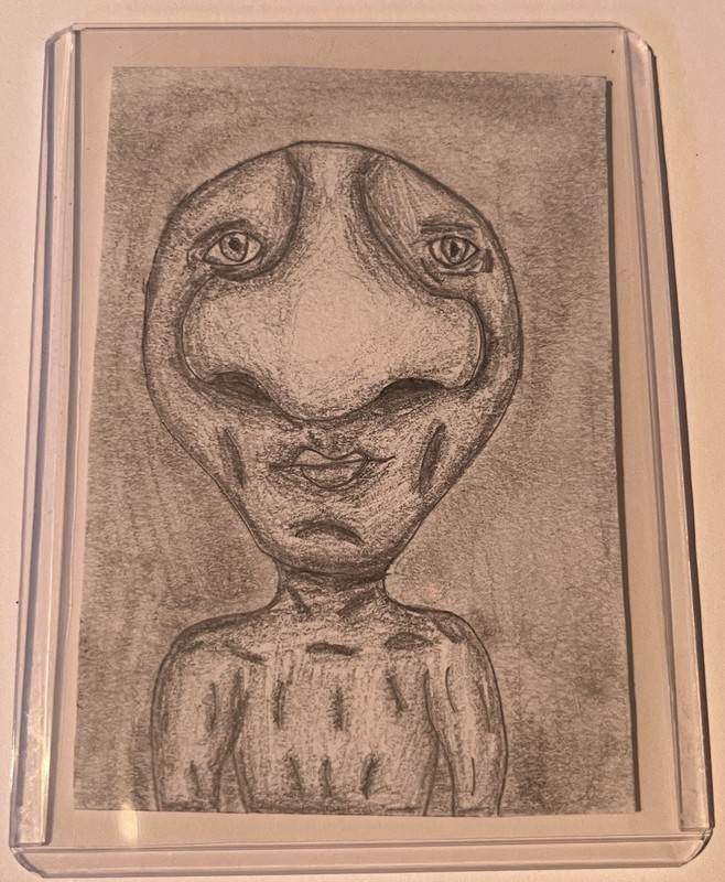 ACEO, Original Art, Abstract, Alien, Nose, Drawing, Framed, Signed by NR