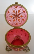 3" Wide Art Deco Bohemian Cranberry Glass Yellow Floral Trinket Box Ormolu Trim