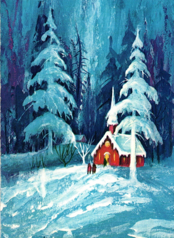 Vintage MCM Red Church Snowy Blue Evening Christmas Greeting Card Atomic Mod 