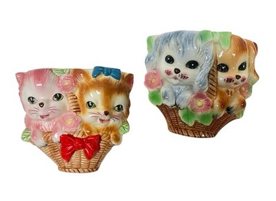Vtg Enesco Miss Priss Kittens Puppies Wall Pockets Floral Baskets Japan Cat Dog