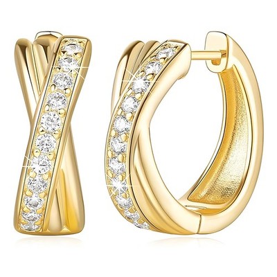 14K Gold 17MM Gold Earrings for Women Thick Small Diamond Hoop X-shaped Hoop