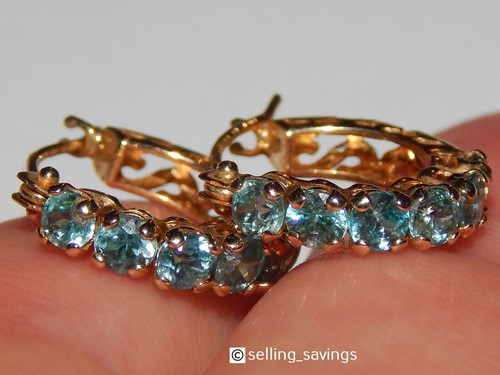 14K YELLOW GOLD BLUE TOPAZ 6/10th INCH DIAMETER LEVERBACK HUGGIE HOOP EARRINGS - Picture 2 of 7