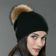 Hot Women Winter Warm Cashmere Wool Knitted Real Fur Pom Pom Ball Beanie Hat