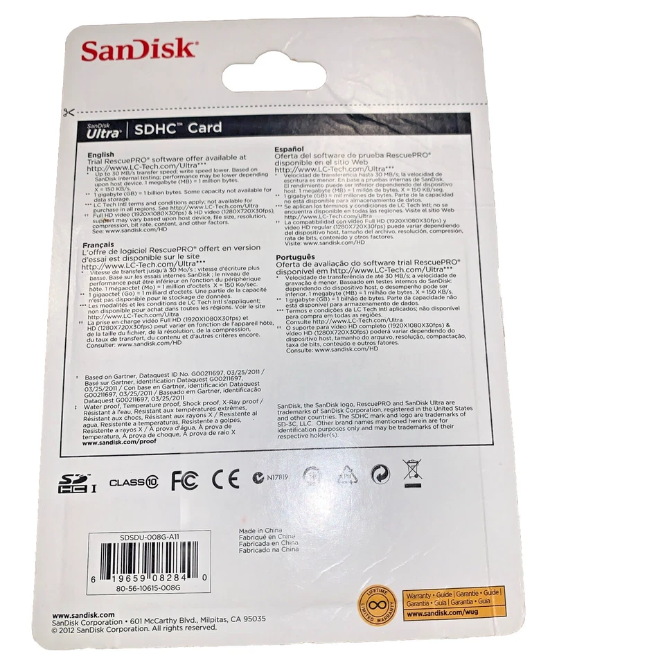 San Disk Ultra 8GB Class 10, 30MB/S, SDHC Card- New Sealed Free Shipping - Image 2 of 2