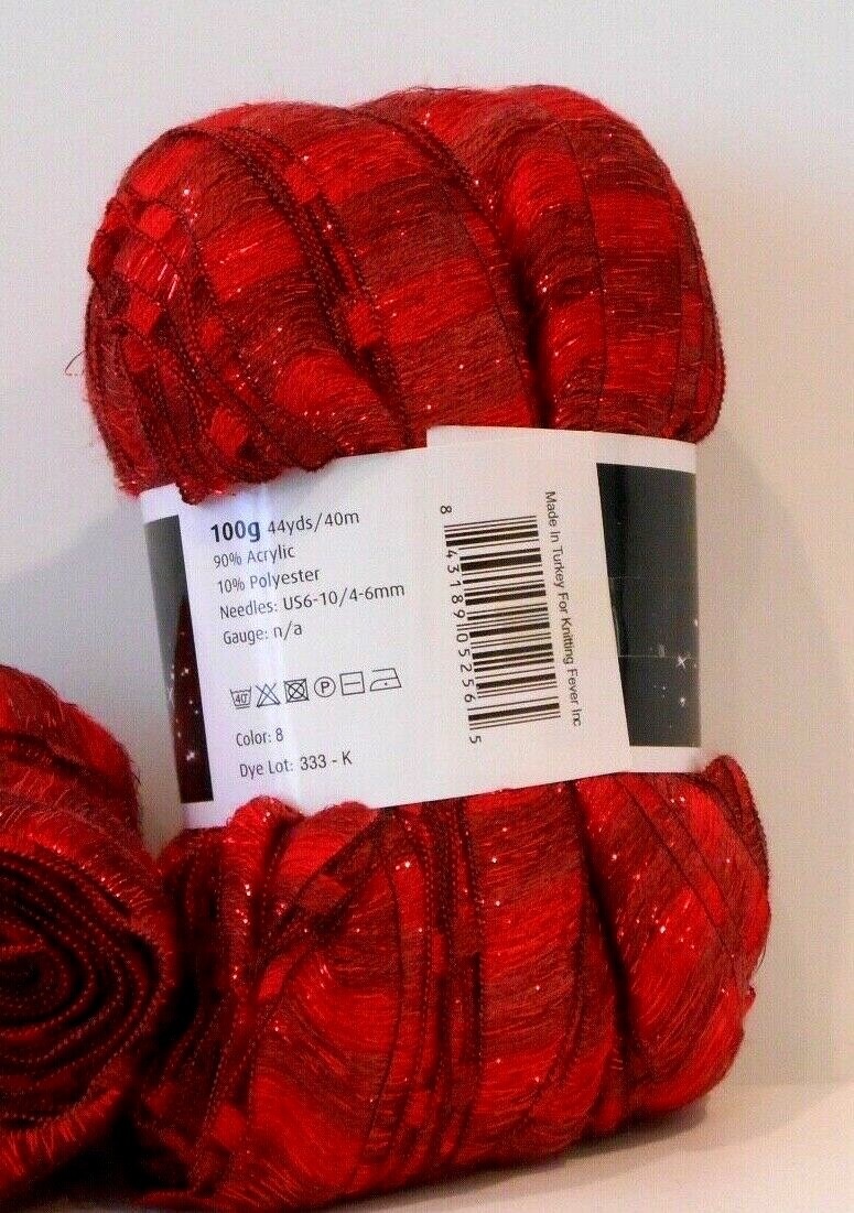 YARN - KNITTING FEVER TINSELTOWN RIBBON YARN - LOT OF 7 SKEINS - #8 RED - NEW! 