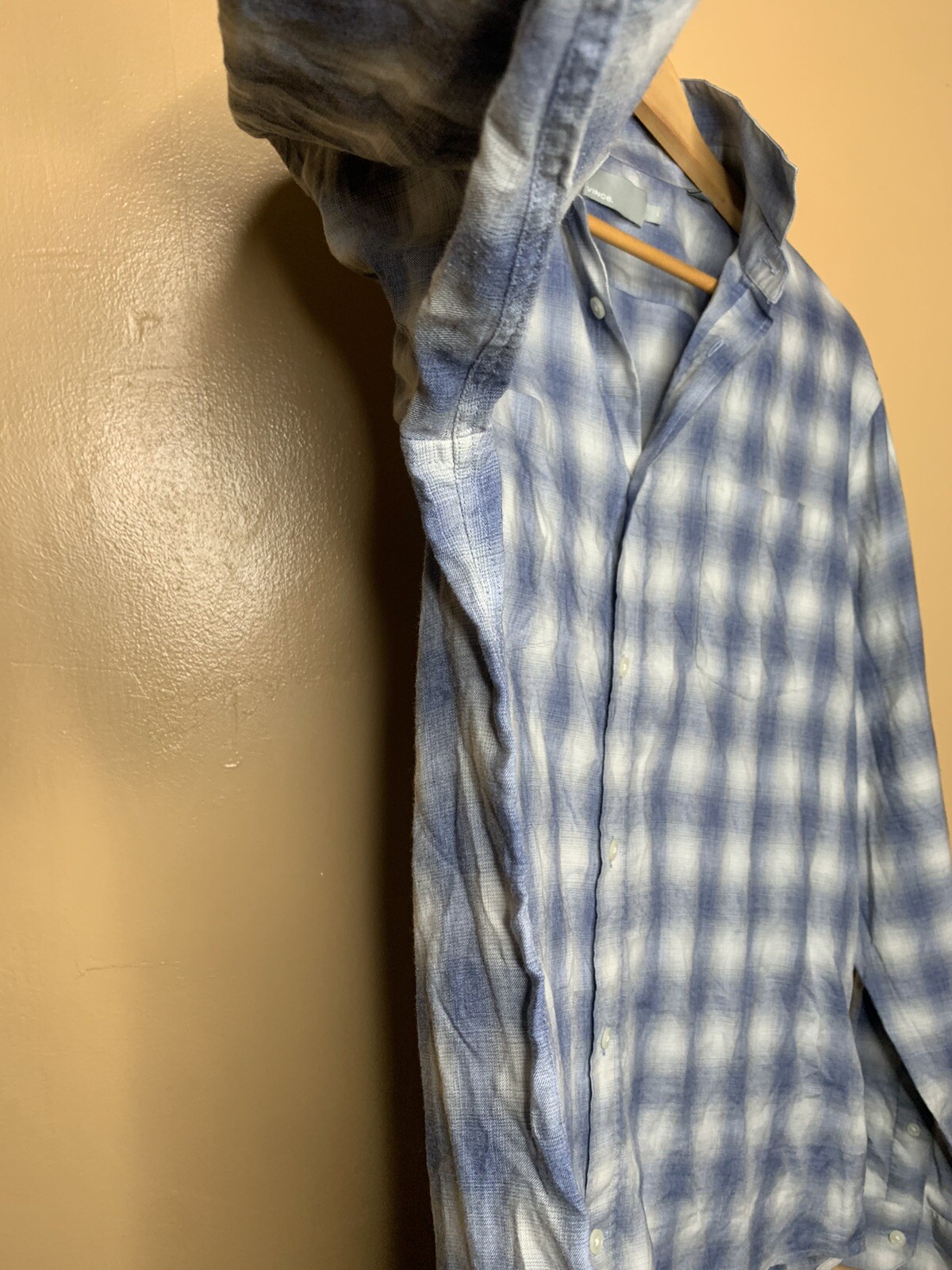 Vince Men's Size Large Shirt Button Up Plaid Blue Gray Long Sleeve Collared image 6