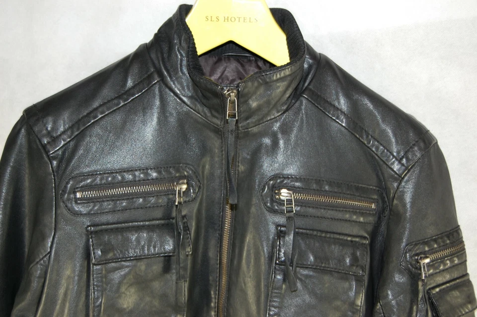 HOMBRE: S 7 DIAMANTES CUERO REAL MOTOCICLISTA MONTAR OFICIAL MILITAR CHAQUETA NEGRA Foto 4 de 4