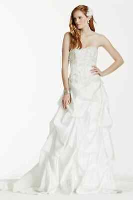 David's Bridal Satin Wedding Dress with Beading and Pick-Up Skirt, size 8