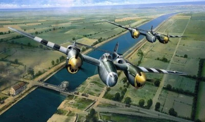 TACTICAL SUPPORT by Richard Taylor Aviation Art signed by D-Day P-38 Pilots - Image 1 of 2