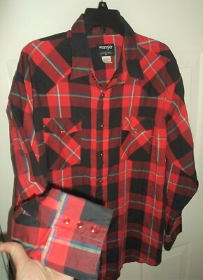 Wrangler Sz XL Pearl Snap Front Red & Black Plaid Shirt Mens "Extra Long  Tails" | eBay