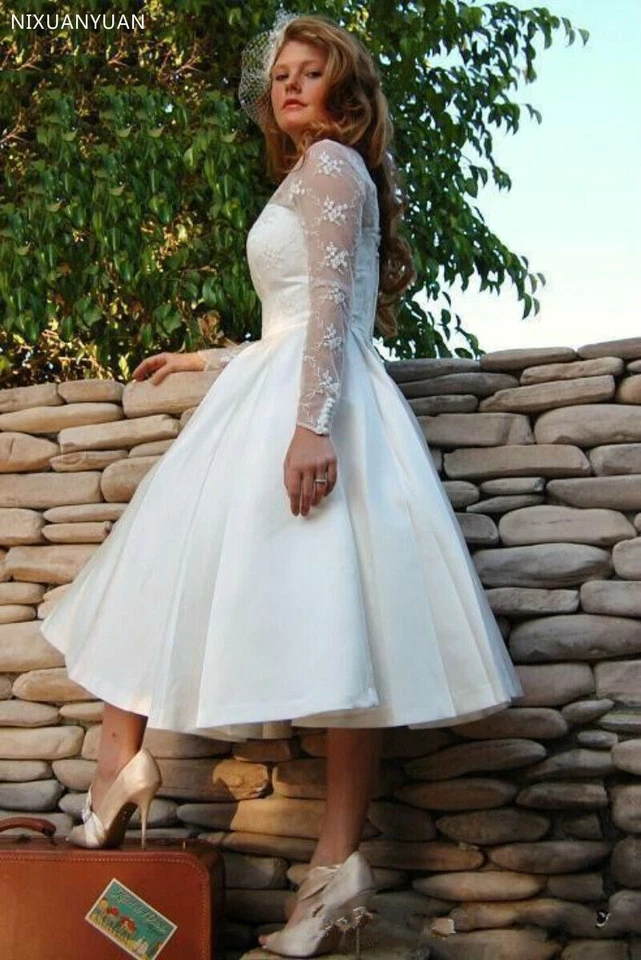 Plus Size Garden Short Wedding Dresses Long Sleeve V Neck A Line Tea Length Gown - Image 3 of 4