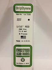Evergreen Scale Models Styrene Rod .062in .16cm Diameter pkg(8) 222