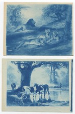 NATURE, PASTORAL PAINTINGS ON CYANOTYPES. TWO SET.
