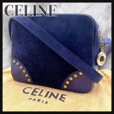 Vintage Old CELINE Suede Leather Shoulder Bag Crossbody Blue D568