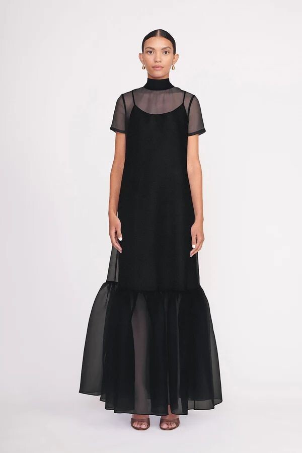 Modern Black Organza Maxi Dress High Neck Ruffle Hem Bridal &Evenings Sheer Gown
