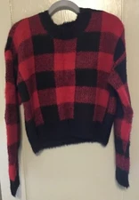 SO Black and Red Check Cropped Sweater Size L Large Slightly Fuzzy and Soft!