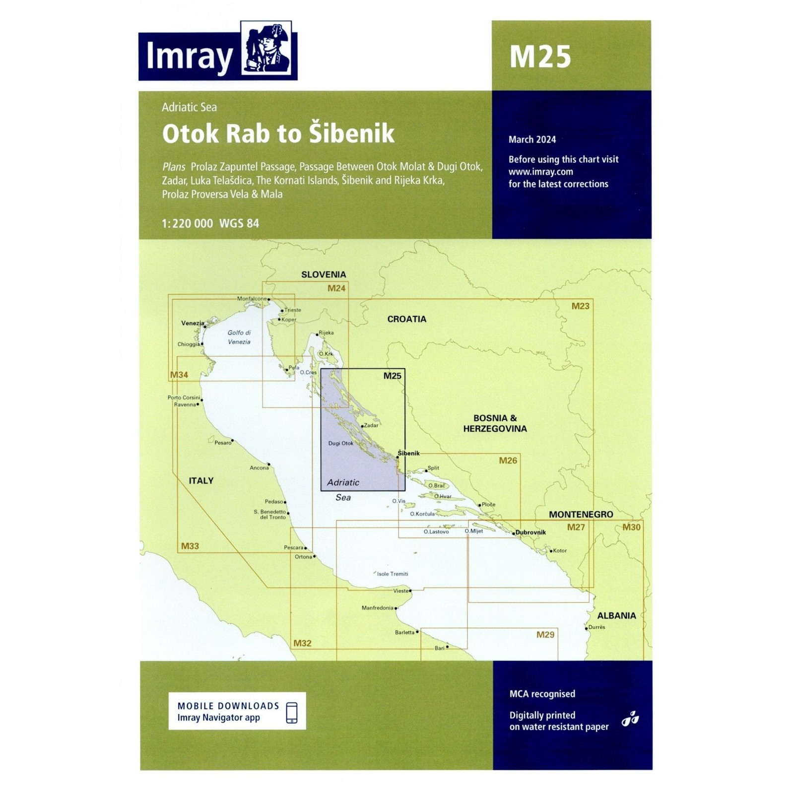 Croatia, Adriatic Sea Nautical Chart M25: Otok Rab to Sibenik sailing ports