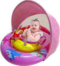 Inflatable Baby Pool Float with UPF50 Sun Protection Canopy, Adjustable Safety