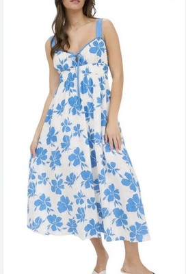 Blu Pepper Sundress White Blue Floral Midi  Detail Lined Flowy  Size S NWT