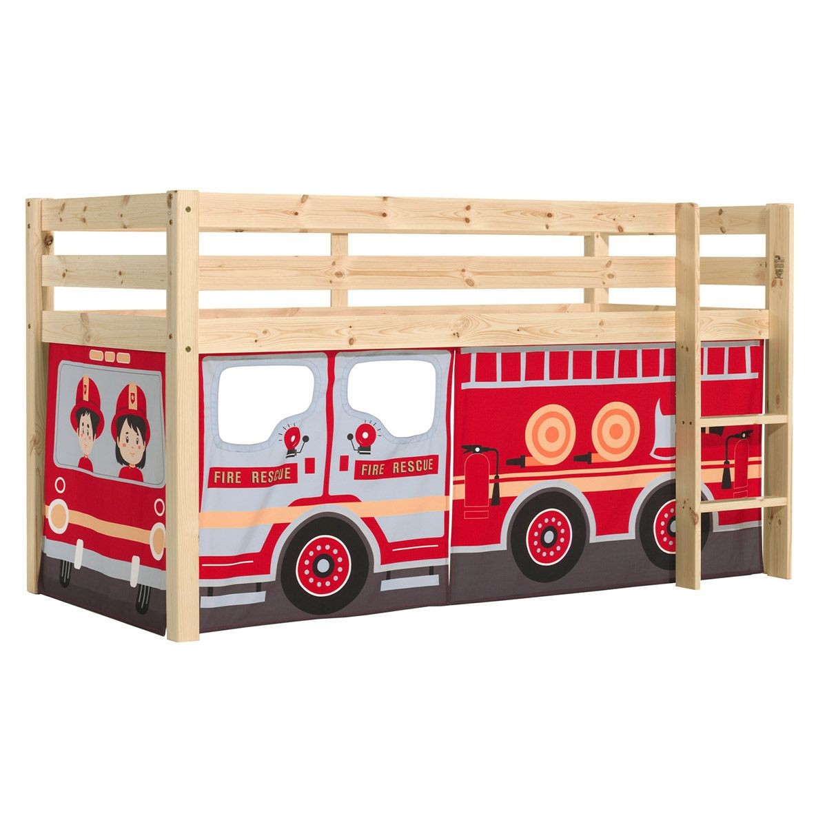 Lit surélevé pino 90x200cm bois naturel avec tente de lit de pompier pour enfant