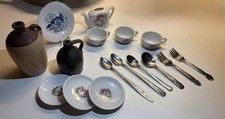 Vintage Playset China Tea Set Pieces, Child  s Flatware  Little Brown Jug Lot