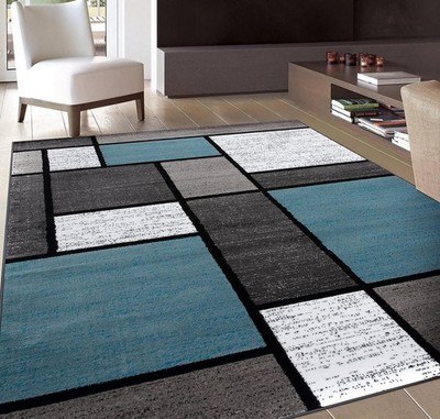 Modern Geometric Boxes Blue Area Rug, Non-Shedding Carpet for Living Room,Kit...