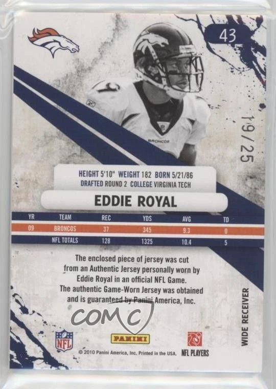 2010 Rookies & Stars Longevity Black Holofoil Materials Prime /25 Eddie Royal - Image 2 of 2