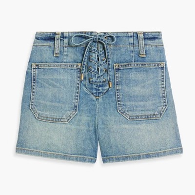 Nili Lotan Romane Lace-up Denim Shorts Faded Wash 27 Patch Pockets Festival