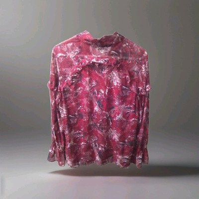 SABA Pink Black Floral V-Neck Tie Long Sleeve Blouse Top Size 12