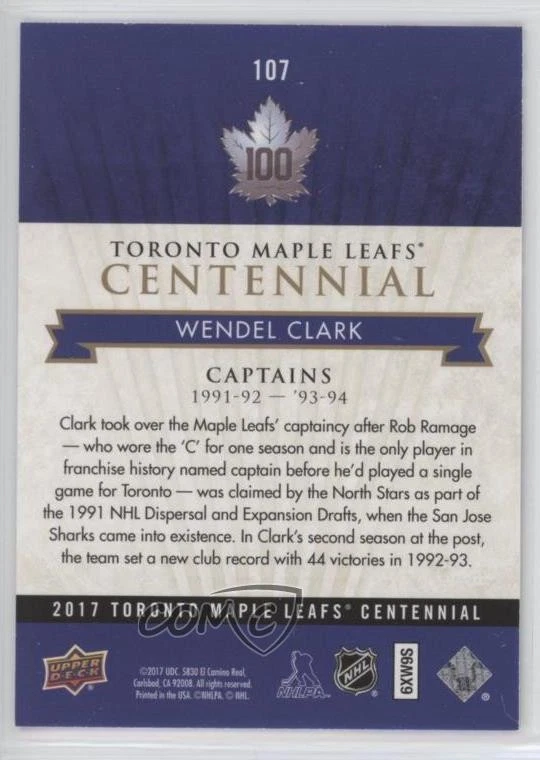 2017 Upper Deck Toronto Maple Leafs Centennial Captains Gold /100 Wendel Clark - Image 2 of 2