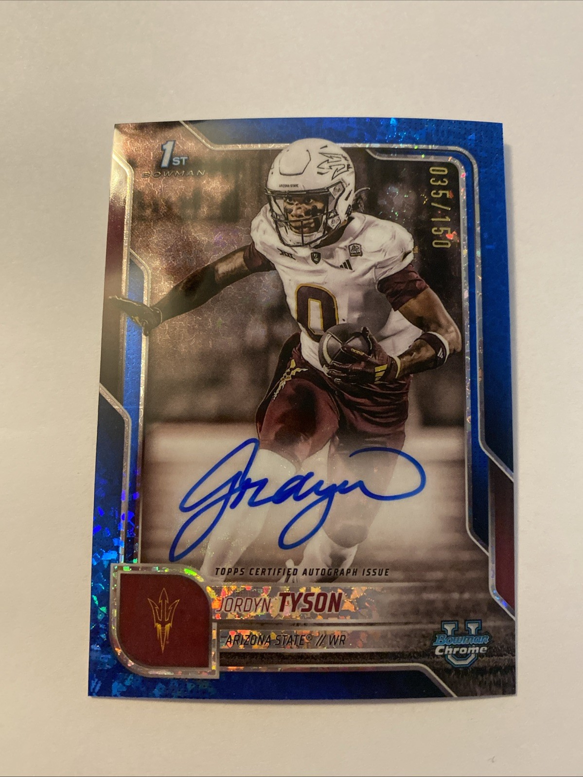 2025 Bowman U Chrome Jordyn Tyson 1st Bowman ON CARD Auto Blue Mini-Diamond /150