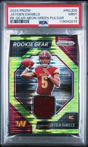 2024 Panini Prizm Jayden Daniels Rookie Gear Neon Green Pulsar Commanders PSA 9
