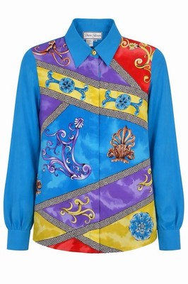 Vtg 90s Diane Gilman Silk Blouse Maximalist Baroque Print Blue Button Top Med