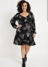 Maurices Dress Women’s XL Black Floral Faux Wrap Mini Dress Side Tie EUC